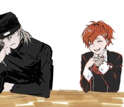  1boy 1girl aakaaka78910 aragaki_shinjirou beanie black_hat black_sweater blush bow bowtie closed_eyes collared_shirt elbow_rest eyelashes gekkoukan_high_school_uniform grey_eyes grey_hair hair_between_eyes hair_ornament hairclip hat hetero jacket long_sleeves open_mouth own_hands_together persona persona_3 persona_3_portable red_bow red_bowtie school_uniform shiomi_kotone shirt simple_background sweater table upper_body white_background white_shirt 