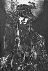  1girl black_gloves bonnet bordfunker133 camouflage camouflage_pants closed_eyes digital_camouflage evgenia_blinova gloves greyscale grin hat highres holding holding_scissors long_hair long_sleeves mole mole_above_mouth mole_on_cheek monochrome open_mouth original pants photo_(medium) russo-ukrainian_war scissors smile solo tactical_gloves teeth 