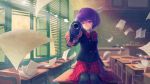  1girl aiming_at_viewer blinds chalkboard classroom desk gun highres lens_flare looking_at_viewer original papers purple_hair short_hair solo tyc001x violet_eyes weapon 