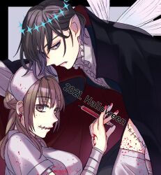  1boy 1girl 2021 black_cape black_hair blood blood_on_clothes blood_on_face blue_eyes breasts cape commentary_request crown dragonfly_wings earrings fang fate/grand_order fate_(series) glasgow_smile half_updo halloween hand_tattoo hat highres holding holding_syringe jewelry large_breasts nurse nurse_cap oberon_(fate) oberon_(third_ascension)_(fate) original pointy_ears shibakou stitched_leg stitches syringe tattoo 