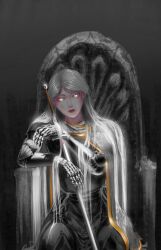  1girl absurdres arm_guards armor beanszzz breastplate cloak cowboy_shot elbow_rest glowing glowing_eyes glowing_hair gold_trim grey_eyes highres holding holding_sword holding_weapon knees_up long_hair nephis_(shadow_slave) shadow_slave shoulder_armor sitting solo sword throne weapon white_cloak white_hair 