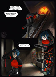  6+girls absurdres android belt_pouch black_hair caution_tape commentary corpse dated digitigrade elevator elevator_door elster_(signalis) english_commentary english_text funkiflame highres ladder multiple_girls pawpads pile_of_corpses pouch red_eyes signalis signature speech_bubble twitter_username 