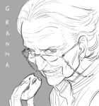  1girl commentary cookie cookie_clicker food glasses grandma grandma_(cookie_clicker) kozaki_yuusuke monochrome simple_background solo 