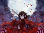  1girl brown_hair cape cross eveshut flower forest holding moon nature petals rose_petals ruby_rose rwby short_hair skirt solo tree violet_eyes weapon 