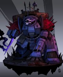  absurdres arm_blade armor artist_logo blue_armor chipped_paint commentary corpse crossover efreet_nacht electricity english_commentary gradient_background grey_background gundam highres holding holding_kunai holding_weapon horns impaled kunai logo mecha mecha_focus mechanical_horns mono-eye night_lords one-eyed pauldrons pink_eyes pink_light power_sword robot roman_numeral science_fiction shoulder_armor shoulder_spikes sidelighting skull skull_print smoke smoking_weapon spiked_pauldrons spikes squatting warhammer_40k weapon wolfdawg_art 