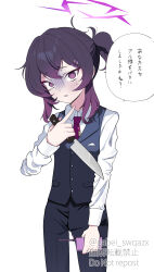  1girl absurdres artist_name black_pants black_suit blue_archive chainsaw_man collared_shirt cosplay cowboy_shot crossed_bangs hair_between_eyes hair_ornament hairclip halo haruka_(blue_archive) haruka_(suit)_(blue_archive) higashiyama_kobeni higashiyama_kobeni_(cosplay) highres holding holding_knife holding_walkie-talkie knife long_shirt looking_at_viewer mochini pants ponytail purple_hair purple_halo red_necktue scene_reference shirt short_ponytail sidelocks solo speech_bubble suit sweatdrop translation_request violet_eyes walkie-talkie white_background white_shirt 