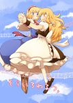  2girls alice_margatroid blonde_hair blue_eyes blush boots bow braid capelet clouds dancing dress hair_bow hairband hat holding_hands kirisame_marisa long_hair multiple_girls musical_note no_hat non_(z-art) short_hair sky smile touhou witch_hat yellow_eyes yuri 