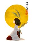  1girl black_hair japanese_clothes kitsune_(kazenouta) leaf looking_up moon original short_hair sitting solo wide_sleeves 