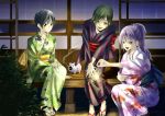  black_hair blush eba_yuzuki fireworks japanese_clothes kanzaki_nanami kimi_no_iru_machi kimono mishima_asuka official_art ponytail purple_hair sandals seo_kouji short_hair smile sparkler tagme yukata 