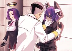  1boy 2girls admiral_(kantai_collection) arm_grab breasts chin_grab eyepatch glaive gloves grabbing headgear infinote kantai_collection mechanical_halo multiple_girls necktie personification purple_hair school_uniform short_hair tatsuta_(kantai_collection) tenryuu_(kantai_collection) violet_eyes yellow_eyes 