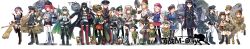  6+girls absurdres beret black_hair black_skirt black_thighhighs blonde_hair blue_eyes british_army brodie_helmet brown_eyes brown_hair closed_mouth combat_helmet commentary_request cross dayue french_army full_body german_army glasses gloves grey_jacket grin hat helmet highres holding holding_sword holding_weapon imperial_japanese_army iron_cross jacket katana long_hair long_sleeves looking_at_viewer military_uniform multiple_girls necktie one_eye_closed orange_hair original peaked_cap personification pink_hair red_hair red_necktie red_thighhighs semi-rimless_eyewear short_hair simple_background skirt smile soviet_army sword teeth thigh-highs twintails united_states_army ushanka weapon white_background white_gloves white_thighhighs wide_image world_war_ii 