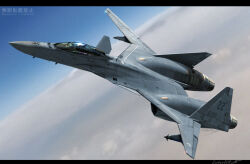  1boy above_clouds ace_combat ace_combat_zero adfx-02_morgan aircraft airplane artist_name blue_sky canards canopy_(aircraft) clouds commentary day fighter_jet flying jet_engine military military_vehicle missile pilot science_fiction signature sky solo thrusters vehicle_focus watermark weapon zephyr164 