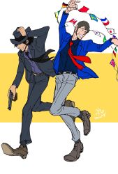  2boys american_flag arsene_lupin_iii beard black_hair black_necktie blue_jacket brazilian_flag brown_hair brown_shoes canadian_flag facial_hair flag french_flag full_body german_flag gun highres holding holding_flag holding_gun holding_weapon italian_flag jacket japanese_flag jigen_daisuke lupin_iii male_focus michio_(hara78994098) multiple_boys necktie one_eye_closed people's_republic_of_china_flag red_necktie running shoes short_hair sideburns signature smile south_korean_flag suit swedish_flag union_jack weapon 