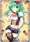  1girl breasts candy chocolate food green_eyes green_hair gumi hand_on_hip highres ice_cream ice_cream_cake inumine_aya midriff pocky short_shorts shorts solo thighhighs tongue tongue_out vocaloid wink 