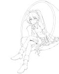  1girl absurdres akita_neru detached_sleeves highres lineart long_hair looking_at_viewer monochrome necktie routo_(rapi) side_ponytail smile solo thigh-highs very_long_hair vocaloid 