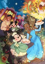  5girls 6+boys blonde_hair blue_eyes breasts brown_hair charlotte_la_bouff collage commentary_request company_connection daisy_duck disney donald_duck dr._facilier dress earrings gamorangetana goofy highres jewelry long_sleeves mickey_mouse mickey_mouse_&amp;_friends minnie_mouse multiple_boys multiple_girls off-shoulder_dress off_shoulder pink_lips prince_naveen smile takatmaorange the_princess_and_the_frog_(disney) tiana_(the_princess_and_the_frog) tiara 