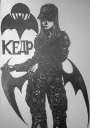  1girl bat_wings beret bordfunker133 camouflage camouflage_jacket camouflage_pants cargo_pants digital_camouflage hat highres jacket kneehighs long_hair looking_at_viewer olga_stashkina original pants paratrooper photo_(medium) russian_ground_forces russo-ukrainian_war socks soldier solo standing vdv wings 