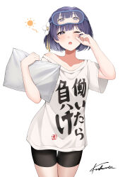  1girl absurdres bike_shorts black_shorts blush breasts character_mask clothes_writing collarbone commentary_request cosplay cowboy_shot flower fukanse_(jxyj7223) futaba_anzu futaba_anzu_(cosplay) gakuen_idolmaster hair_flower hair_ornament hand_on_own_face hand_up hataya_misuzu highres holding holding_pillow idolmaster looking_at_viewer mask mask_on_head mole mole_under_mouth one_eye_closed pillow purple_hair shirt short_hair short_sleeves shorts signature simple_background single_off_shoulder sleep_mask sleepy small_breasts solo standing t-shirt violet_eyes white_background white_flower white_shirt yawning you_work_you_lose 