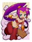  1girl arabian_clothes breasts cleavage dark_skin earrings hoop_earrings jewelry long_hair looking_at_viewer midriff navel pointy_ears ponytail purple_hair shantae shantae_(character) shigehiro_(artist) smile solo tiara 