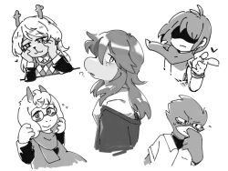  1other 2boys 2girls ? antlers berdly_(deltarune) bird_boy bird_wings blush commentary deer_antlers deer_girl deltarune don_omuretsu freckles furry furry_female furry_male glasses goat_boy goat_horns greyscale hand_on_own_ear hand_on_own_face heart highres horns jacket jacket_partially_removed kris_(dark_world)_(deltarune) kris_(deltarune) medium_hair monochrome multiple_boys multiple_girls noelle_holiday ralsei reptile_girl scarf shaded_face susie_(deltarune) sweatdrop utdr_(toby_fox) wings 