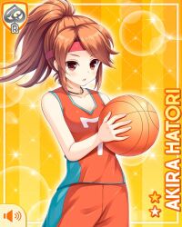  1girl ball basketball_(object) basketball_uniform brown_eyes brown_hair card_(medium) character_name girlfriend_(kari) hatori_akira headband holding holding_ball multicolored_shirt official_art orange_shirt ponytail qp:flapper red_headband shirt sleeveless solo sportswear standing yellow_background 