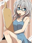  age_regression blue_dress blue_eyes cookie cookie_clicker crayon-blanc dress food glasses grandma_(cookie_clicker) grey_hair rolling_pin young 