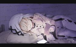  1girl absurdres bed blonde_hair cellphone commentary_request crying dress frilled_dress frills gloves hair_over_eyes highres hikami_meruru holding holding_photo indoors long_hair long_sleeves lying mahou_shoujo_no_majo_saiban on_bed on_side phone photo_(object) pillow priestess sad smartphone solo spoilers tare_(coavldjs340) tears veil white_dress white_gloves white_veil 