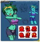  1girl ahoge breasts cleavage concept_art cutoffs earrings green_hair green_skin hairband hand_on_hip happy jewelry midriff navel octopus red_eyes rottytops shantae short_hair shorts sideboob stitches tank_top yabe_makoto zombie 