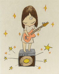  1girl bandage_on_forehead barefoot bass_guitar brown_hair closed_eyes colored_eyelashes commentary deformed english_commentary eyelashes highres instrument lithograph_(medium) medium_hair music nara_yoshitomo no_mouth original oversized_clothes oversized_shirt playing_bass_guitar playing_instrument shirt simple_background solo sparkle speaker standing_on_object white_shirt 