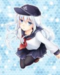  1girl black_legwear blue_eyes hat hibiki_(kantai_collection) honeycomb_background kantai_collection long_hair mitsufuki open_mouth pantyhose personification school_uniform serafuku silver_hair skirt solo 