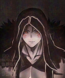  1boy black_background black_theme closed_mouth collarbone commentary_request cu_chulainn_(fate) cu_chulainn_alter_(fate) detached_hood expressionless facial_mark fate/grand_order fate_(series) highres limited_palette looking_at_viewer loose_hair_strand male_focus muscular muscular_male osoba_(smen29) red_eyes signature slit_pupils solo tattoo upper_body 