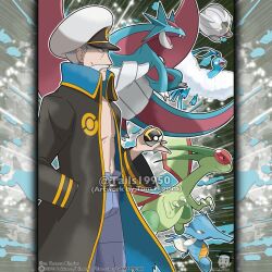  1boy altaria artist_name belt black_belt black_jacket blue_pants claws commentary company_name copyright_notice dragon drake_(pokemon) english_commentary facial_hair fangs flygon from_side hand_in_pocket hat holding holding_poke_ball instagram_username jacket kingdra long_sleeves male_focus mature_male merchandise_available mustache no_shirt official_style open_clothes open_jacket open_mouth outline pants poke_ball poke_ball_symbol pokemon pokemon_(creature) pokemon_oras red_eyes salamence shelgon short_hair smile tom_higgins ultra_ball v-shaped_eyes watermark white_hair white_hat white_outline 