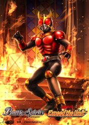  1boy arcle_(kuuga) armor battle_spirits black_bodysuit black_helmet bodysuit church copyright_logo copyright_name copyright_notice fire gold_horns helmet highres indoors kamen_rider kamen_rider_kuuga kamen_rider_kuuga_(mighty_form) kamen_rider_kuuga_(series) logo male_focus muscular muscular_male official_art red_armor red_eyes rider_belt ryukawa solo stained_glass tokusatsu 