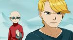  2boys bald blonde_hair blue_eyes blurry chad_dickson chain codename:_kids_next_door depth_of_field furrowed_brow furrowed_eyebrows looking_at_another male mountain multiple_boys nigel_uno parted_lips shackle sunglasses t_k_g 