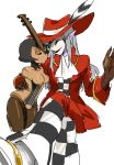 1boy 1girl black_hair closed_eyes crossed_legs doll_joints fedora hat hat_feather huge long_hair mask muse_(skullgirls) no_arms no_nipples personification pink_skin pointy_ears silver_hair sitting skullgirls small_breasts taliesin_(skullgirls) yuriyuri_(ccc) 