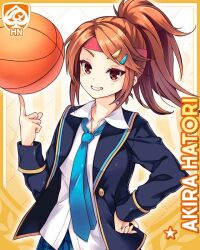  1girl ball basketball_(object) blue_necktie blue_skirt brown_eyes brown_hair card_(medium) character_name girlfriend_(kari) hair_ornament hairclip hand_on_own_hip hatori_akira headband jacket looking_at_viewer necktie official_art open_clothes open_jacket plaid_clothes plaid_skirt pleated_skirt ponytail qp:flapper red_headband school_uniform shirt shirttail skirt smile solo white_shirt yellow_background 