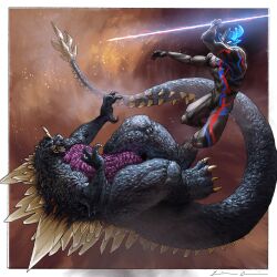  1boy alien asymmetrical_horns blue_horns claws colored_skin commentary crossover crystal energy_spear english_commentary fangs giant giant_monster glowing glowing_chest glowing_crystal glowing_eyes godzilla_(series) godzilla_vs._spacegodzilla highres holding holding_weapon horns kaiju kaijuartist monster multicolored_skin no_humans open_mouth sharp_teeth silver_skin single_horn spacegodzilla spikes tail teeth tilsonite_sword tokusatsu ultra_series ultraman_blazar ultraman_blazar_(series) weapon white_eyes 