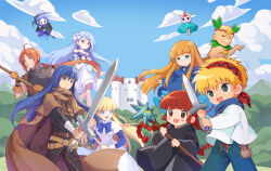  4boys 4girls :d ahoge aqua_robe arm_wrap armlet artist_request asymmetrical_bangs bald bandana bare_shoulders belt belt_buckle benya_(tales_weaver) black_eyes black_hood black_pants black_robe black_shirt blonde_hair blue_bow blue_capelet blue_dress blue_eyes blue_fire blue_hair blue_jacket blue_pants blue_shirt blue_sky blunt_bangs blush_stickers boris_jinneman bow braid brown_bag brown_belt brown_cape brown_capelet brown_skirt buckle building bush cape capelet castle closed_mouth clouds collared_dress colored_skin creature crossed_belts crossover dancing day dot_nose drawstring dress dress_bow eyelashes facial_hair fire flower gipple_(mahoujin_guruguru) gloves gold_armlet grass_skirt hair_flower hair_ornament hair_tie headpiece high_collar highres holding holding_scythe holding_staff hood hood_down hooded_robe horns jacket jewelry juju_coo_shnamur kukuri_(mahoujin_guruguru) layered_dress layered_sleeves legs_apart lily_(flower) long_dress long_hair long_sidelocks long_sleeves looking_to_the_side loose_belt low-braided_long_hair low-tied_long_hair low_ponytail mahoujin_guruguru medium_dress multiple_boys multiple_girls mustache nexon nike_(mahoujin_guruguru) off-shoulder_shirt off_shoulder official_art old old_man open_mouth orange_eyes orange_gloves orange_hair outdoors pants pink_skin ponytail purple_bow red_bandana red_eyes robe rubesto_daimon scythe second-party_source shirt shirt_bow shoes short_over_long_sleeves short_sleeves short_sword sidelocks sivelin_uuo skirt skull sky sleeve_bow smile solo staff standing straight_hair strapless strapless_dress strapless_shirt sword sword_tassel tales_weaver tassel tichiel_juspian tongue torn_clothes torn_shirt turtleneck turtleneck_shirt twin_braids udberg_eldol very_long_hair weapon white_dress white_facial_hair white_flower white_shirt white_sleeves 