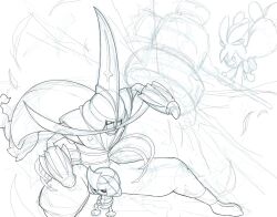  battle closed_eyes cowering eyelashes hammer hands_on_own_head hashtag-only_commentary holding holding_hammer kingambit lineart long_hair monochrome open_mouth pawniard pokemon pokemon_(creature) pokemon_focus sketch smile tinkaton white_background wizter27 