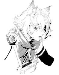  1boy absurdres animal_ear_fluff animal_ears bare_shoulders cropped_shoulders elbow_gloves gloves greyscale highres looking_to_the_side male_focus monochrome open_mouth parted_bangs pd_honey portrait seth_lowell sideways_glance simple_background sleeveless sleeveless_turtleneck solo turtleneck walkie-talkie white_background zenless_zone_zero zipper zipper_pull_tab 
