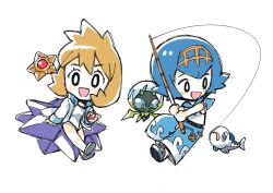  2girls blue_jacket blue_pants blue_sandals chibi chibi_only collared_shirt commentary dewpider english_commentary eyelashes fish fishing_rod full_body hairband highres holding holding_fishing_rod holding_poke_ball jacket lana_(pokemon) misty_(pokemon) multiple_girls o_o one-piece_swimsuit open_clothes open_jacket open_mouth orange_hair pants poke_ball poke_ball_(basic) pokemon pokemon_(creature) pokemon_hgss pokemon_sm sandals shirt short_hair simple_background sleeveless sleeveless_shirt smile starmie staryu swimsuit white_background white_one-piece_swimsuit white_shirt wishiwashi wishiwashi_(solo) yellow_hairband yu_quan0709 
