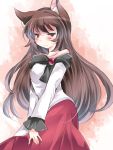  1girl animal_ears bare_shoulders brown_eyes brown_hair hammer_(sunset_beach) imaizumi_kagerou long_hair looking_at_viewer scowl skirt solo touhou wolf_ears 