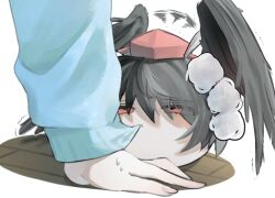  1girl 1other biting_another's_clothes black_hair black_wings blue_shirt commentary_request feathered_wings hat kimeemaru kmbko055 long_sleeves pom_pom_(clothes) red_eyes red_hat shameimaru_aya shirt short_hair simple_background solo_focus tokin_hat touhou white_background wings yukkuri_shiteitte_ne 