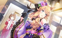  2girls against_glass animal_ears artist_request asymmetrical_legwear back_bow bare_shoulders black_bow black_collar black_gloves blonde_hair blue_eyes blunt_ends bob_cut bow breasts brown_eyes brown_hair bulletin_board camellia collar cowboy_shot detached_collar detached_sleeves door ear_covers ear_ornament expressionless eyelashes eyeliner feet_out_of_frame floral_print flower frilled_kimono frilled_sleeves frills game_cg gloves gold_city_(autumn_cosmos)_(umamusume) gold_city_(umamusume) hair_bow hair_flower hair_ornament hair_over_shoulder hairband hand_on_glass hand_on_own_chest hand_on_own_hip horse_ears horse_girl horse_tail jacket japanese_clothes kimono lace lace-trimmed_bow lace-trimmed_collar lace_collar lace_gloves lace_hairband lace_trim leaf light_particles lipstick long_hair long_sleeves looking_at_another looking_to_the_side makeup medium_breasts mirror mismatched_legwear multiple_girls neck_flower obi official_alternate_costume official_art pants parted_lips pink_flower pocket print_gloves print_sleeves puffy_long_sleeves puffy_sleeves purple_bow purple_flower purple_kimono purple_ribbon purple_sleeves red_eyeliner red_jacket red_lips red_pants ribbon rose_print sad sash see-through_hairband short_hair sleeve_ribbon sparkle sportswear stage_lights strapless_kimono sweatpants swept_bangs tail tracen_training_uniform track_jacket turtleneck turtleneck_jacket two-tone_ribbon umamusume variant_set waist_ribbon wavy_hair white_flower white_hairband white_jacket wide_sleeves yellow_flower yellow_ribbon yellow_sash yukino_bijin_(umamusume) zipper zipper_pull_tab 