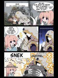  1boy 1girl character_request cloak commentary eating elden_ring elden_ring:_shadow_of_the_erdtree english_commentary english_text highres holding holding_spoon hood hood_up hooded_cloak hooded_jacket jacket kudoliya_art miruku_(kudoliya) pink_hair speech_bubble spoon thought_bubble violet_eyes 