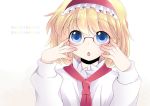  1girl alice_margatroid bespectacled blonde_hair blue_eyes bust glasses hairband hammer_(sunset_beach) looking_at_viewer open_mouth red-framed_glasses short_hair solo touhou 