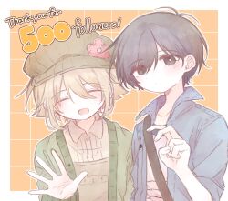  2boys antenna_hair basil_(birthday)_(omori) basil_(faraway)_(omori) basil_(omori) black_eyes black_hair blonde_hair blue_jacket blush bright_pupils brown_hat brown_overalls cardigan closed_eyes closed_mouth collared_jacket collared_shirt double-parted_bangs english_text green_cardigan hair_between_eyes hat highres jacket long_sleeves looking_at_viewer male_focus mewo milestone_celebration mimi_utlove multiple_boys newsboy_cap official_alternate_costume omori open_cardigan open_clothes open_jacket open_mouth overalls shirt short-sleeved_jacket short_hair short_sleeves sidelocks smile sunny_(birthday)_(omori) sunny_(omori) t-shirt v white_pupils white_shirt 