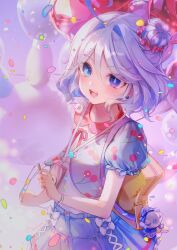  1girl :d absurdres ahoge alternate_costume balloon blue_eyes blue_pupils blue_skirt blue_streaks blush bow camera camera_around_neck commentary cotton_candy dalchae drop-shaped_pupils food furina_(genshin_impact) genshin_impact hair_between_eyes hair_bun hashtag-only_commentary heterochromia highres holding holding_balloon holding_cotton_candy holding_food lanyard looking_at_viewer medium_hair multicolored_hair open_mouth shirt short_sleeves signature skirt smile solo streaked_hair surintendante_chevalmarin symbol-shaped_pupils teeth upper_teeth_only white_bow white_hair white_shirt 