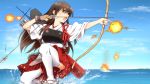  1girl akagi_(kantai_collection) arrow bow_(weapon) brown_eyes brown_hair kantai_collection long_hair muneate open_mouth sandals skirt solo thighhighs water weapon white_legwear yuto 