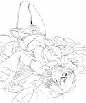  1girl belt breasts cleavage detached_sleeves headphones highres lineart long_hair looking_at_viewer lying midriff monochrome navel necktie on_back routo_(rapi) solo upside-down vocaloid yowane_haku 